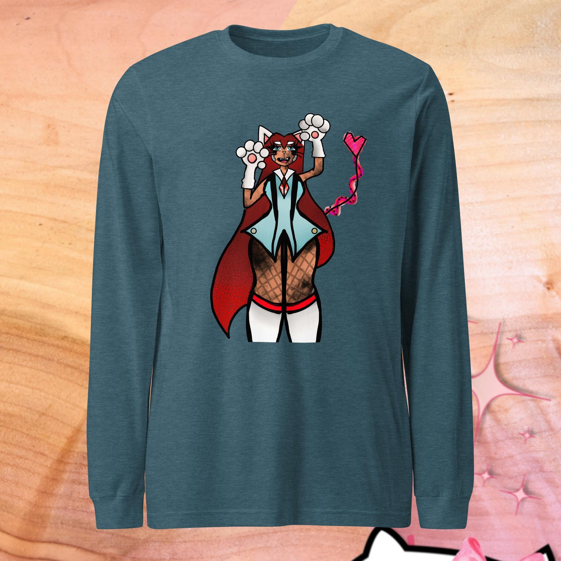 Lizbeth Niko Cat Lady Long Sleeve Tee-long sleeve shirt-Heather Deep Teal-XS-mysticalcherry