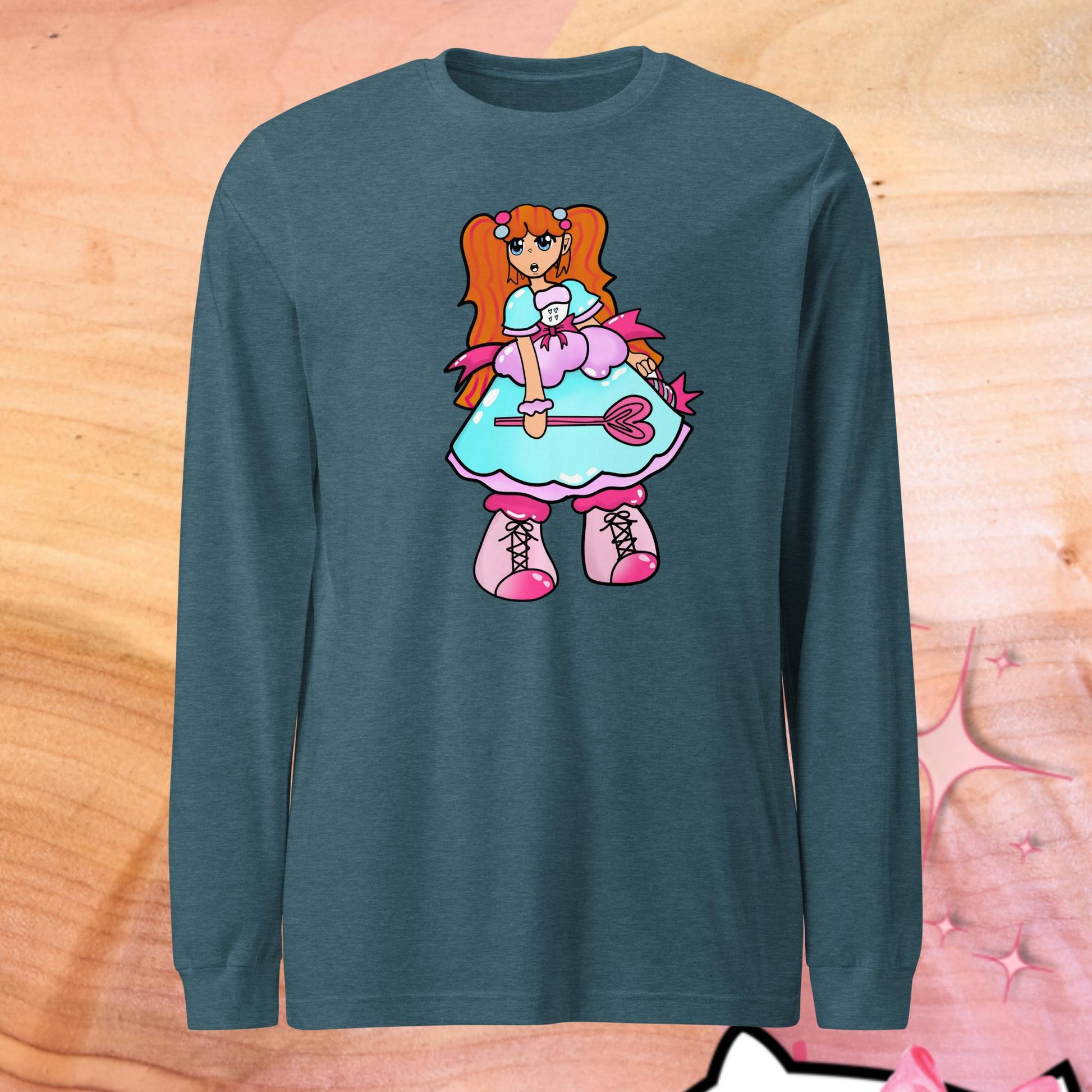 Kandie Character Long Sleeve Tee-long sleeve shirt-Heather Deep Teal-XS-mysticalcherry