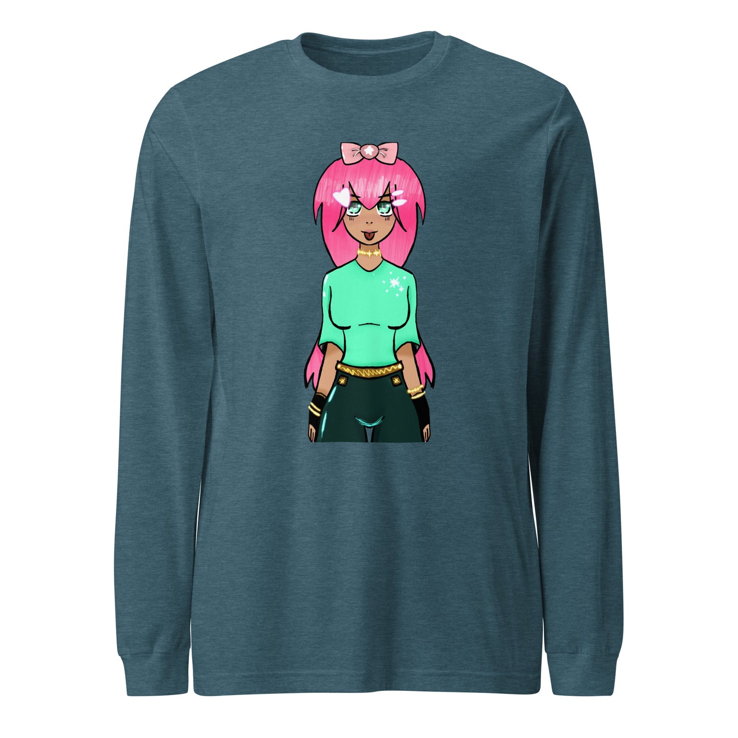 Bubble Gum Girl Long Sleeve Tee-Wearable art t-shirt-Heather Deep Teal-XS-mysticalcherry