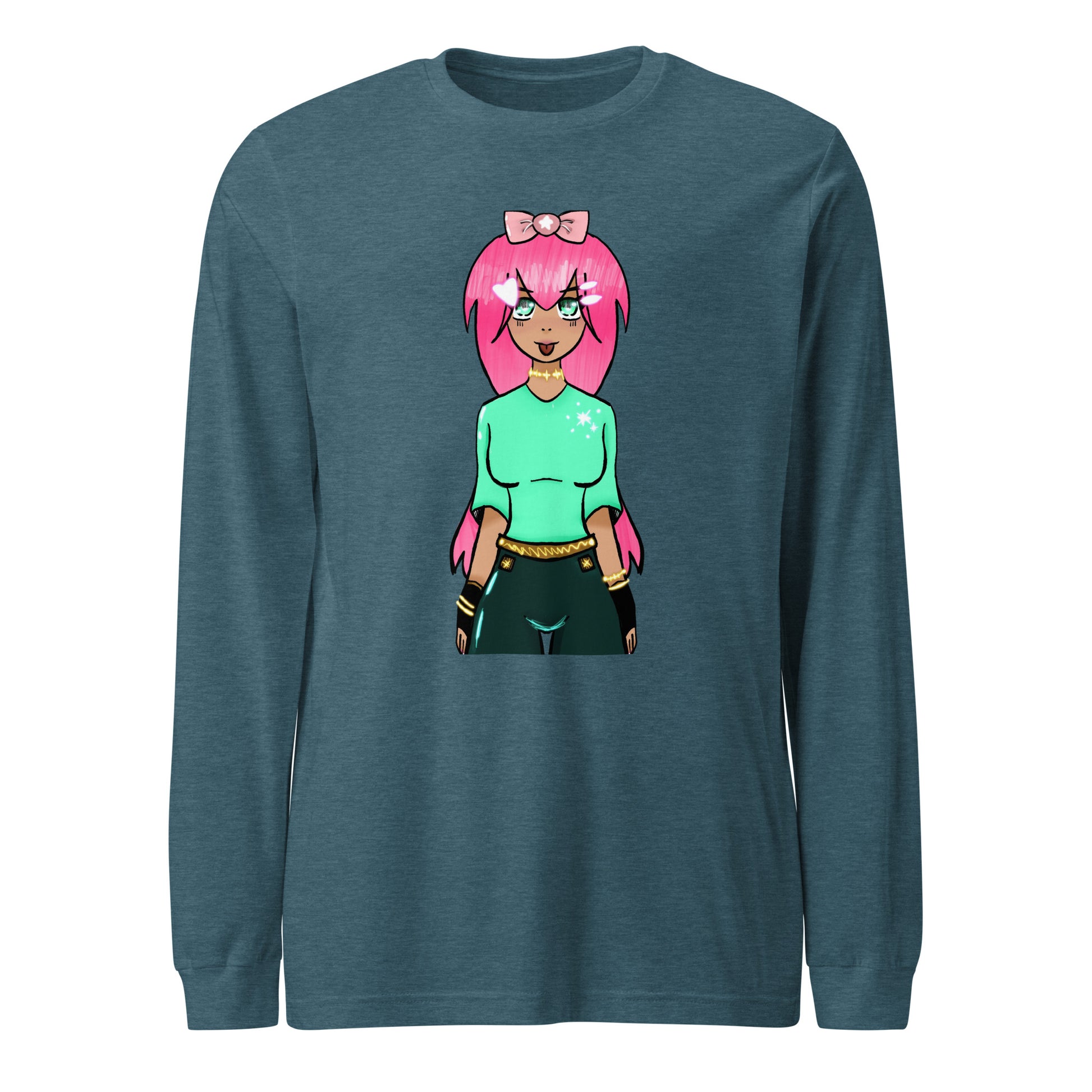 Bubble Gum Girl Long Sleeve Tee-Wearable art t-shirt-Heather Deep Teal-XS-mysticalcherry