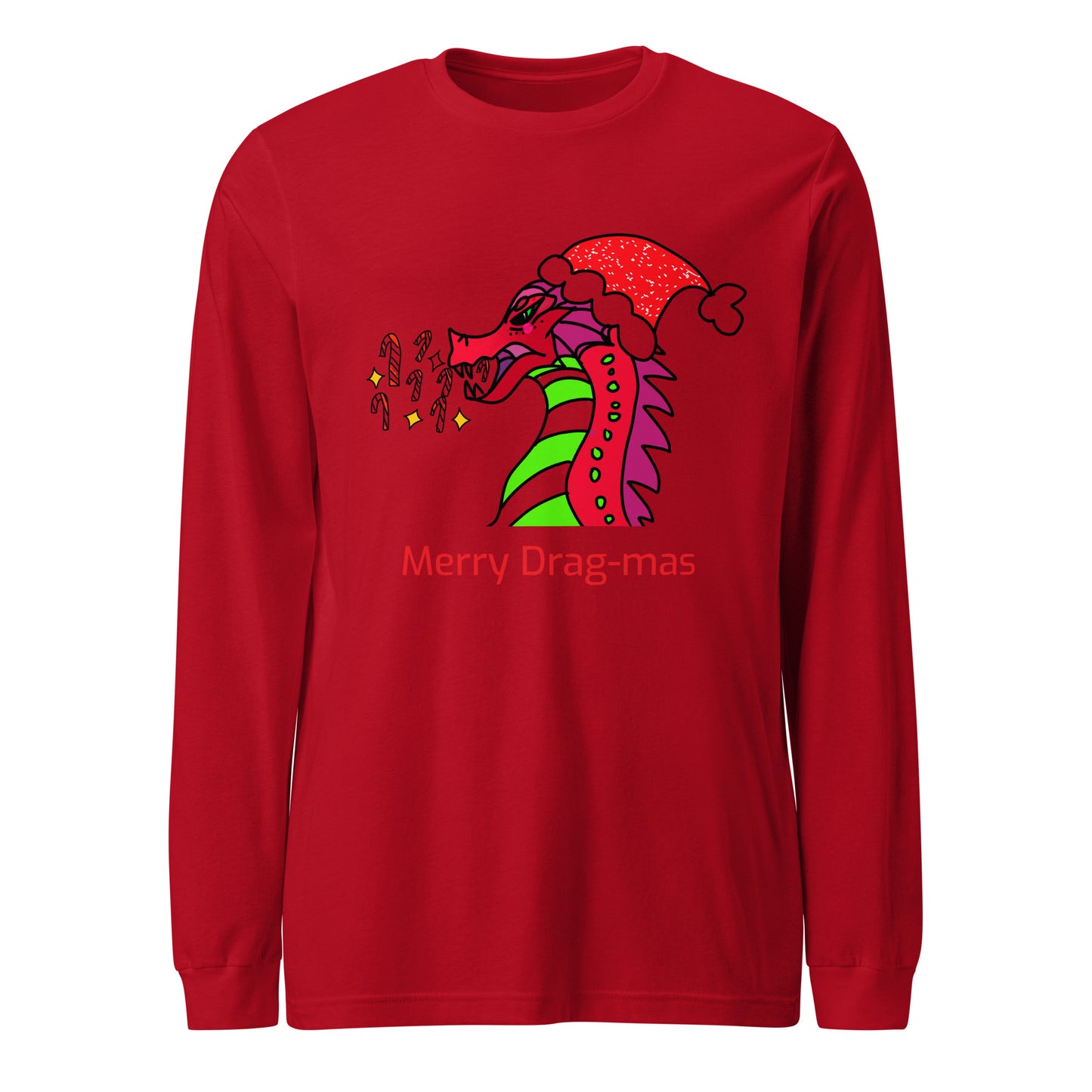 Merry Drag-mas: Candy Cane Blaze, Festive Dragon Long Sleeve Tee-long sleeve shirt-Red-XS-mysticalcherry