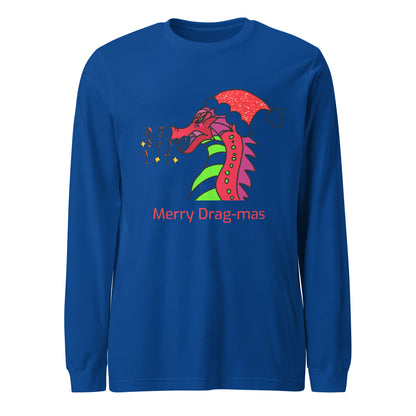 Merry Drag-mas: Candy Cane Blaze, Festive Dragon Long Sleeve Tee-long sleeve shirt-True Royal-XS-mysticalcherry