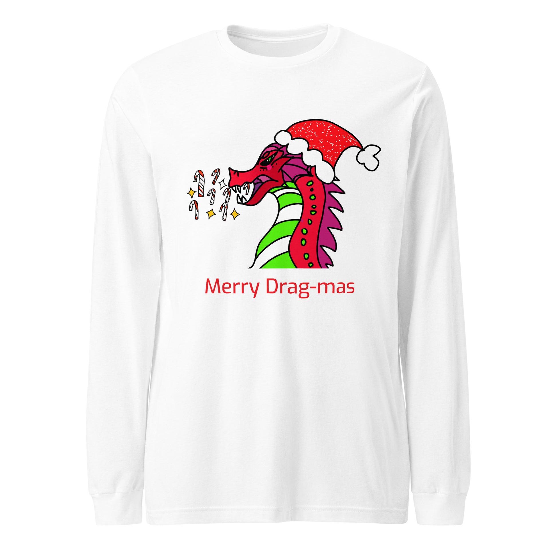 Merry Drag-mas: Candy Cane Blaze, Festive Dragon Long Sleeve Tee-long sleeve shirt-White-XS-mysticalcherry