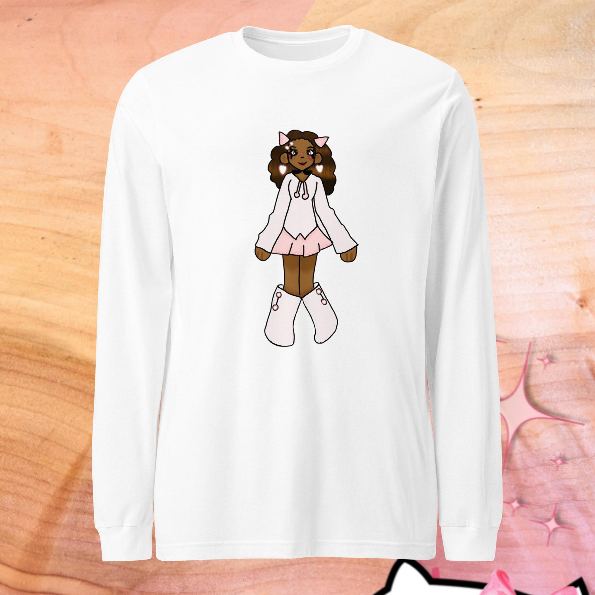 PrettyN Pink Character Long Sleeve Tee-long sleeve shirt-White-XS-mysticalcherry